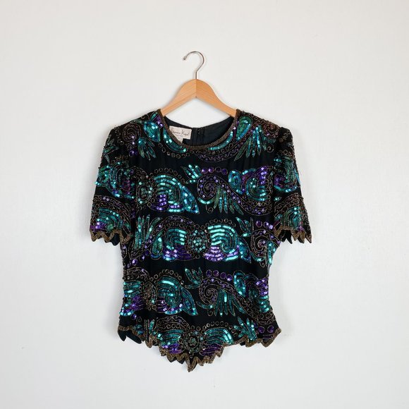 Laurence Kazar Tops - Vintage 80's Laurence Kazar Sequin Top- Mardi Gras